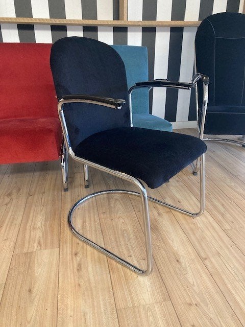 6 Gispen 413 RL, chroom frame, nieuwe zwarte ribstof, Zwart, Design, Zo goed als nieuw, Stof