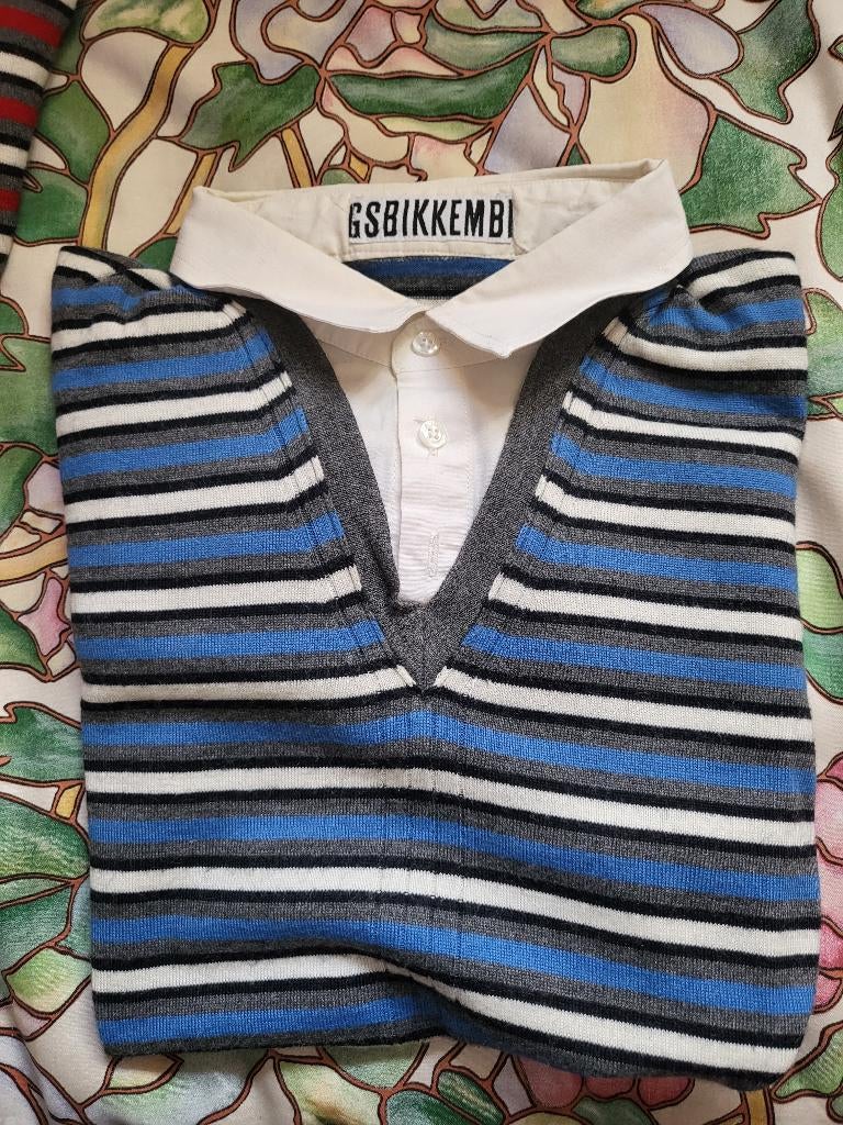 blauw gestreepte Bikkembergs trui met blouse boord, L, Maat 52/54 (L), Blauw, Ophalen of Verzenden, Zo goed als nieuw