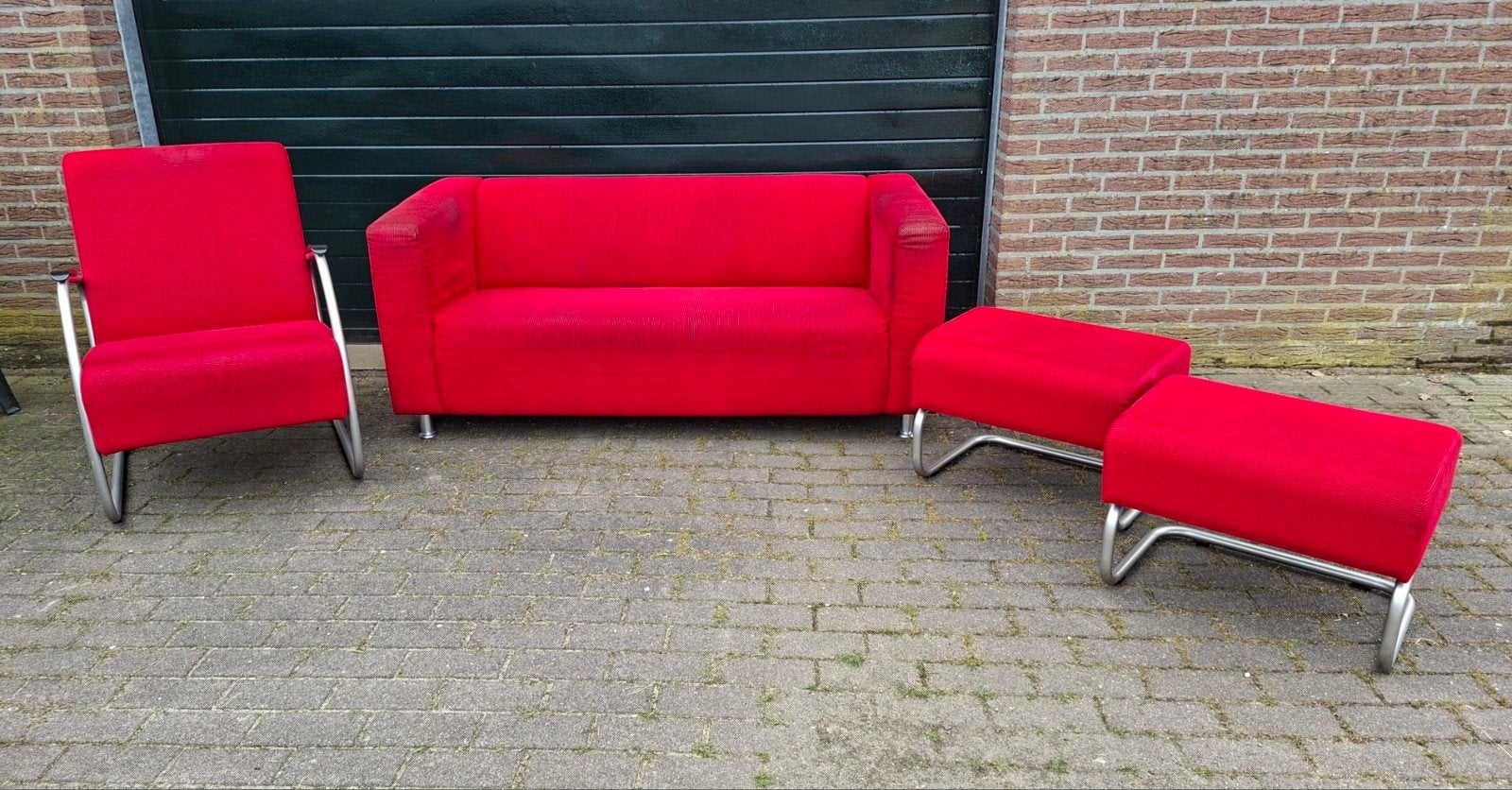 Kleine bank, fauteuil, 2 hockers, bijelkaar passend, v jeugd, Huis en Inrichting, Banken | Bankstellen, Ophalen, Gebruikt, 75 tot 100 cm