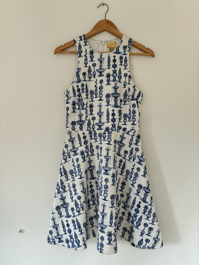 Retro jurk met blauw-wit tuinenprint - Maat 36 (S), H&M, Meerkleurig, Ophalen of Verzenden, Zo goed als nieuw