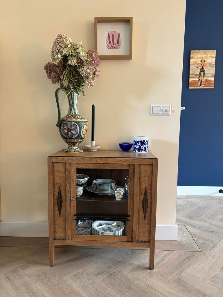 Art Deco Theekastje Jaren '30 - Eikenhout met Glas, Ophalen