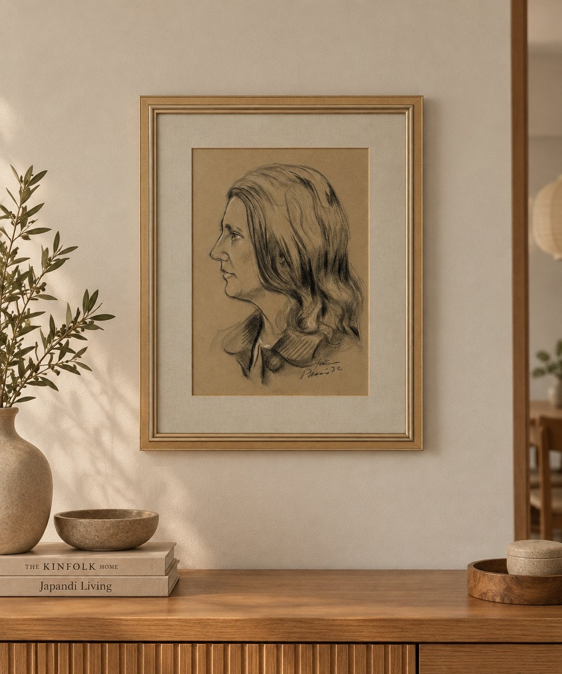 Vintage portret tekening vrouw in lijst, Antiek en Kunst, Ophalen, Tekening, Krijttekening, Handgemaakt