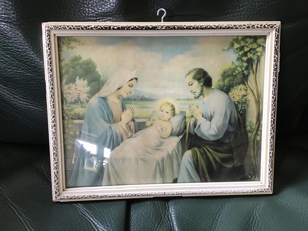 Vintage ingelijste prent Jezus Maria Jozef, Antiek en Kunst, Antiek | Religie, Ophalen of Verzenden