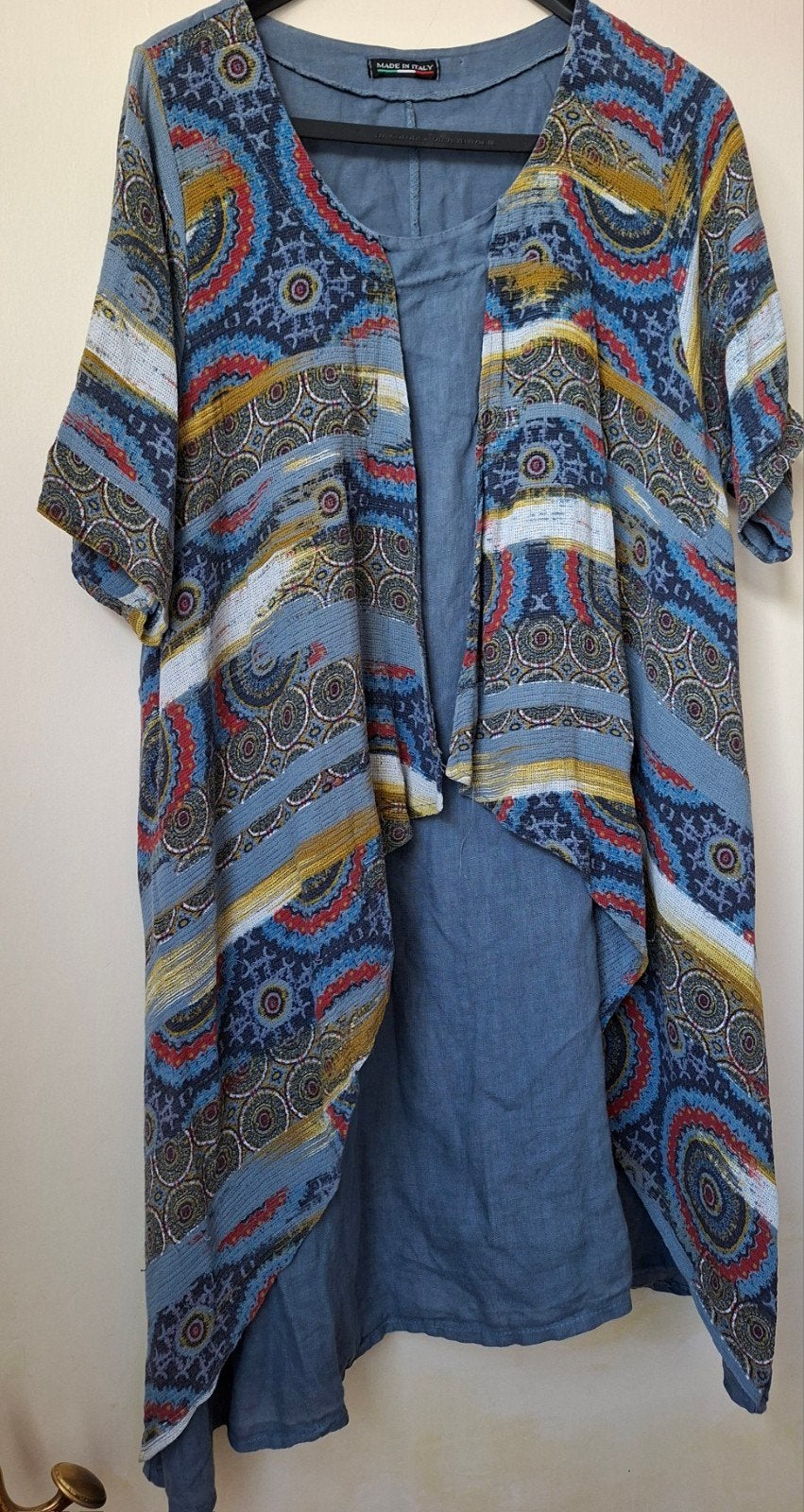 Linnen jurk met los voorstuk, 42/44, Made in Italy, Blauw, Maat 42/44 (L), Ophalen of Verzenden