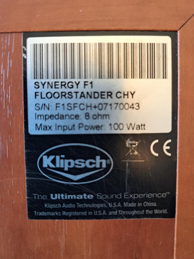 Klipsch Synergy F1 Vloerstaande Luidsprekers - 2x 100W, Gebruikt, 60 tot 120 watt, Front, Rear of Stereo speakers, Ophalen