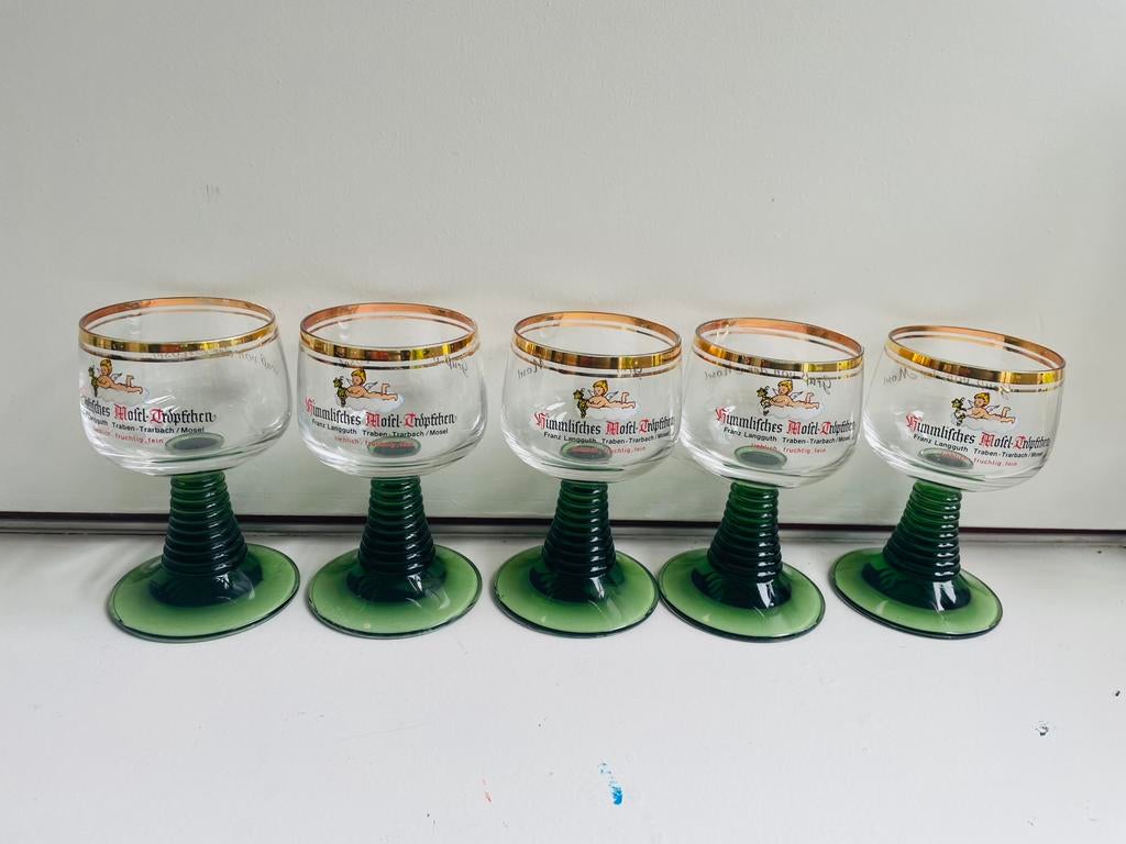 Vintage 5 Moezel wijn glazen, Glas of Glazen, Ophalen of Verzenden, Overige stijlen, Glas
