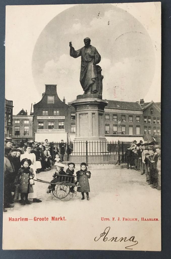 Prentbriefkaart Haarlem Groote Markt met standbeeld Koster, Ophalen of Verzenden, Voor 1920, Gelopen, Noord-Holland