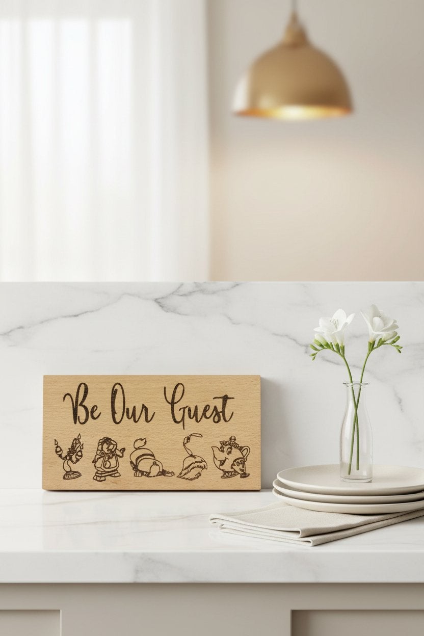 Belle en het Beest 'Be Our Guest' Houten Plank, Huis en Inrichting, Woonaccessoires | Overige, Nieuw, Hout, Bruin, Overige stijlen