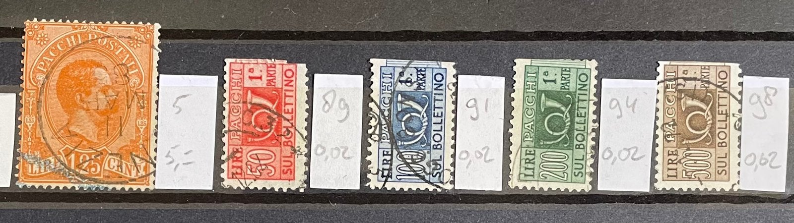 5 postzegels Italië; pakketzegels, Ophalen of Verzenden, Gestempeld