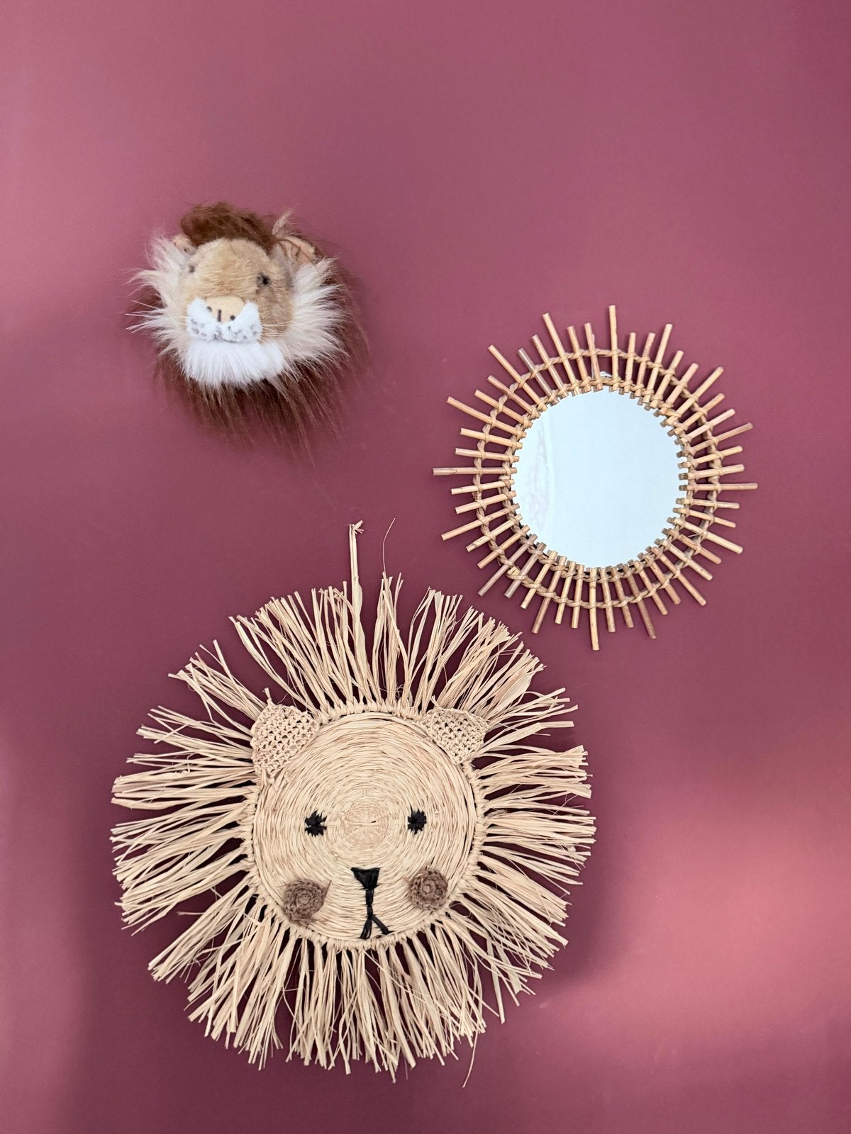 Wanddecoratie: Rotan spiegel, rieten leeuw, pluche leeuwenko, Ophalen, Gebruikt, Boho, Meerkleurig