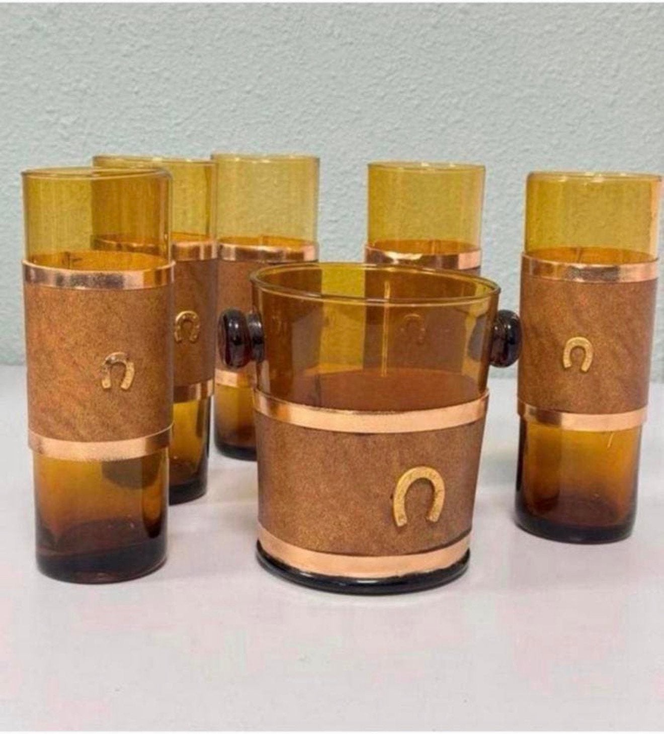 Antiek 1950 5 wisky glazen + ijsemmer amber leder hoefijzer, B, Ophalen of Verzenden, Zo goed als nieuw, H