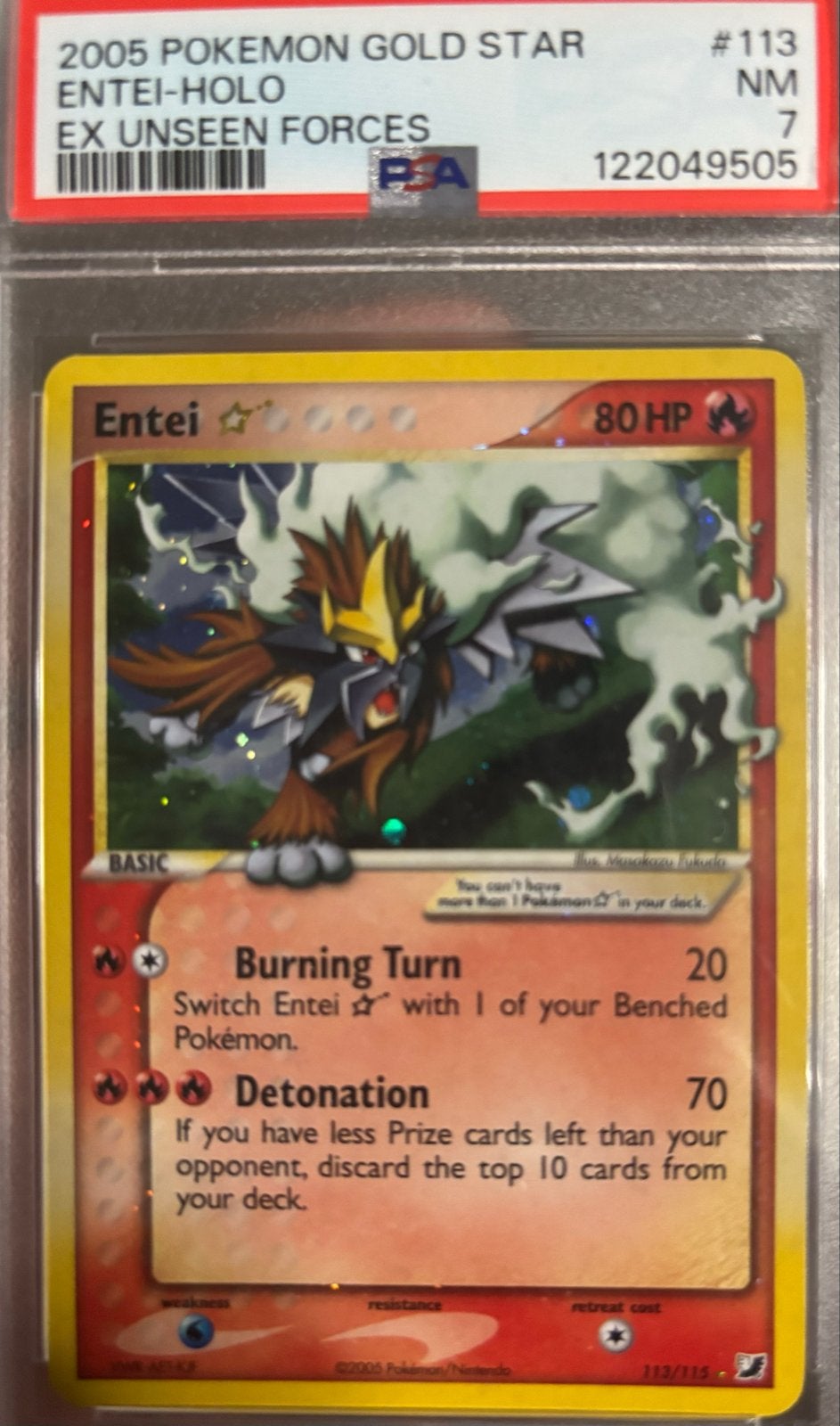 2005 Pokémon Gold Star Entei-Holo EX Unseen Forces PSA 7, Ophalen of Verzenden, Zo goed als nieuw, Losse kaart, Foil