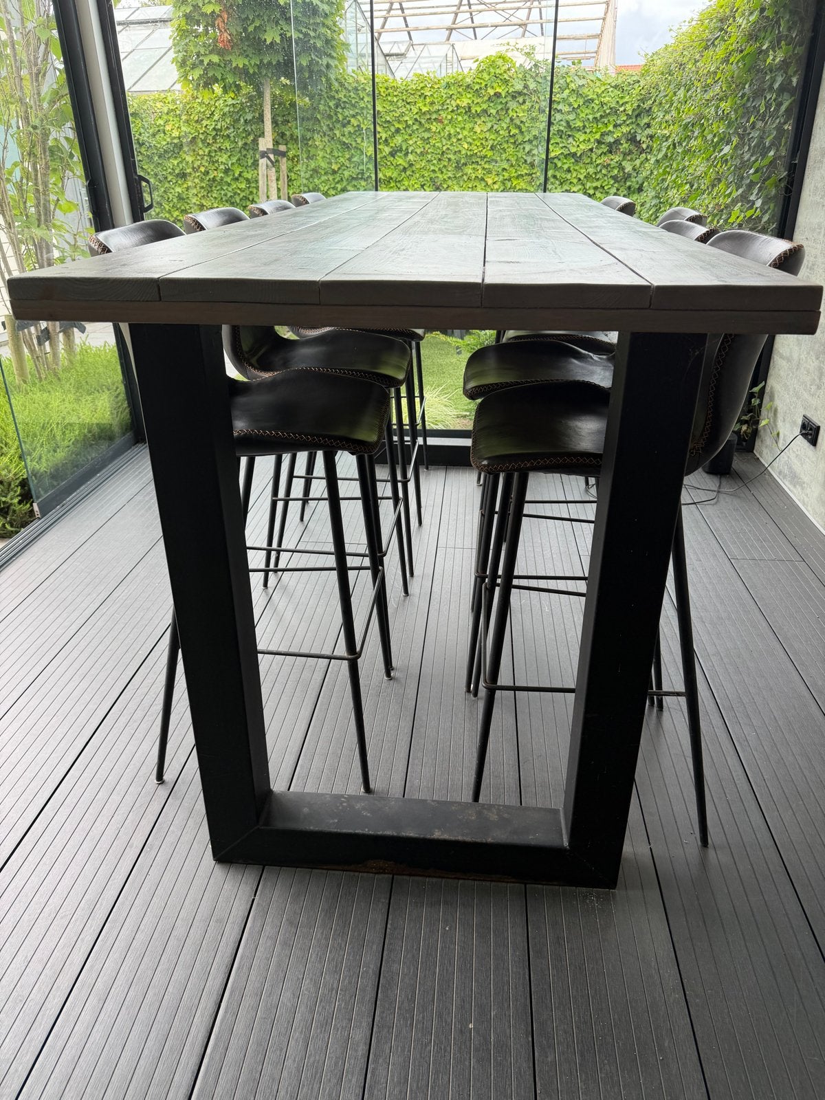 Steigerhouten bartafel met 8 barkrukken - 260x95x110 cm, Ophalen, 90 cm of meer, Hout, Gebruikt