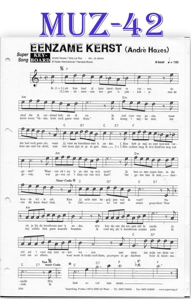 Muz42 Bladmuziek Super song Eenzame Kerst ( Andre Hazes ), Gebruikt, Klassiek, Ophalen of Verzenden, Keyboard