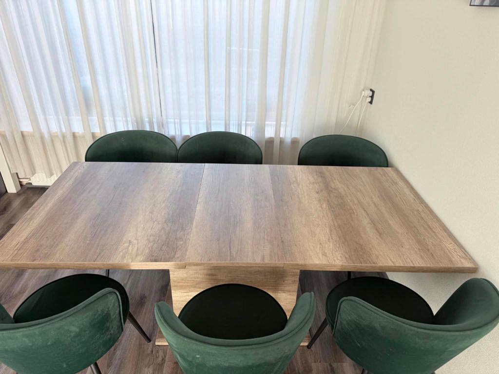 Uitschuifbare eettafel met 6 stoelen, Ophalen, Gebruikt, 100 tot 150 cm, 50 tot 100 cm