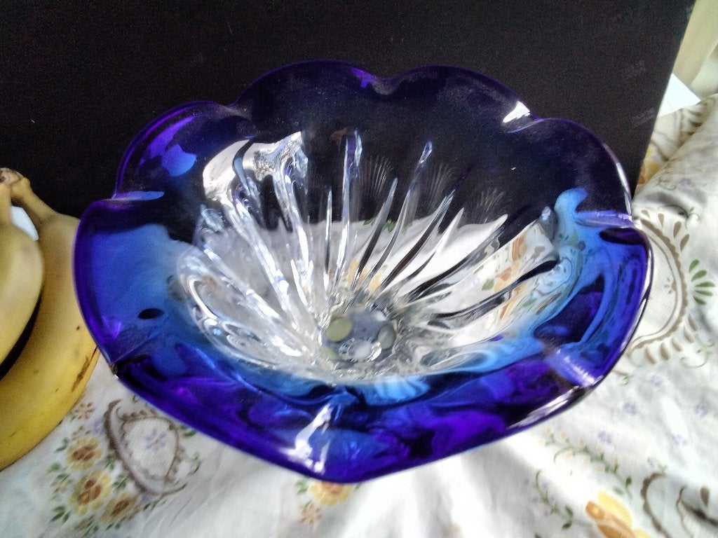 Blauwe Glazen Vaas of Diepe Schaal 90's jaren, Huis en Inrichting, Ophalen, Zo goed als nieuw, Rond, Glas