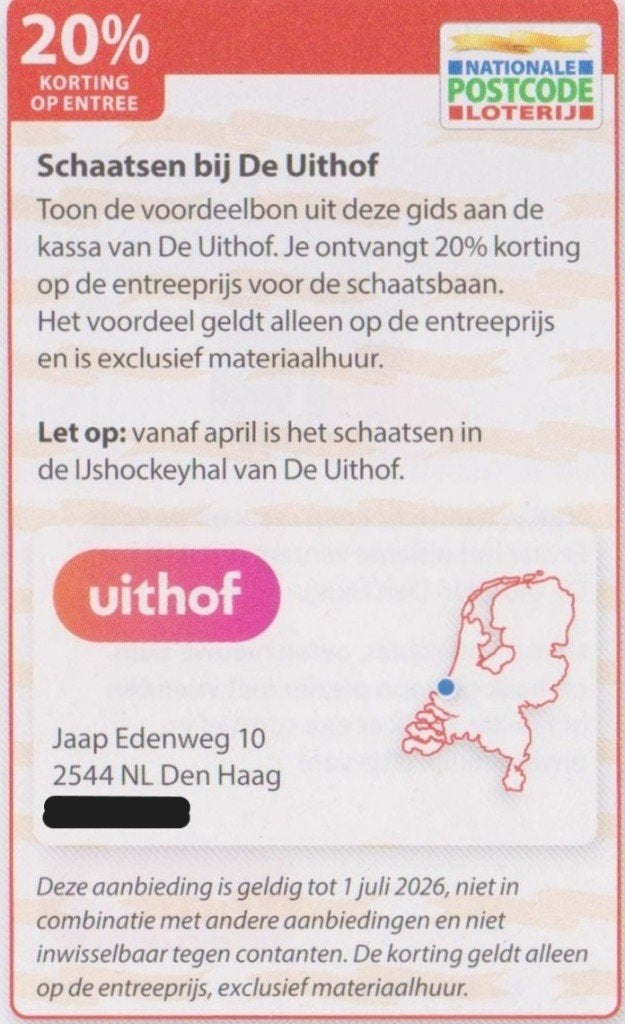 Schaatsen bij De Uithof. 20% korting op entree. Postcode bon, Tickets en Kaartjes, Recreatie | Pretparken en Attractieparken, Drie personen of meer