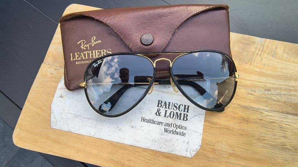 Vintage Ray-Ban B&L USA Leather Aviator 58-14, Zonnebril, Zwart, Ophalen of Verzenden, Zo goed als nieuw