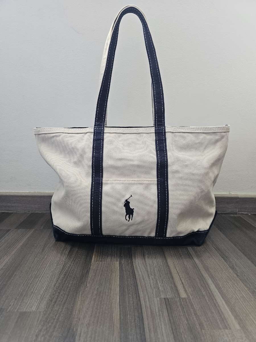 Polo Ralph Lauren Big Pony Canvas Tote Créme/Marineblauw, Ophalen, Nieuw, Beige