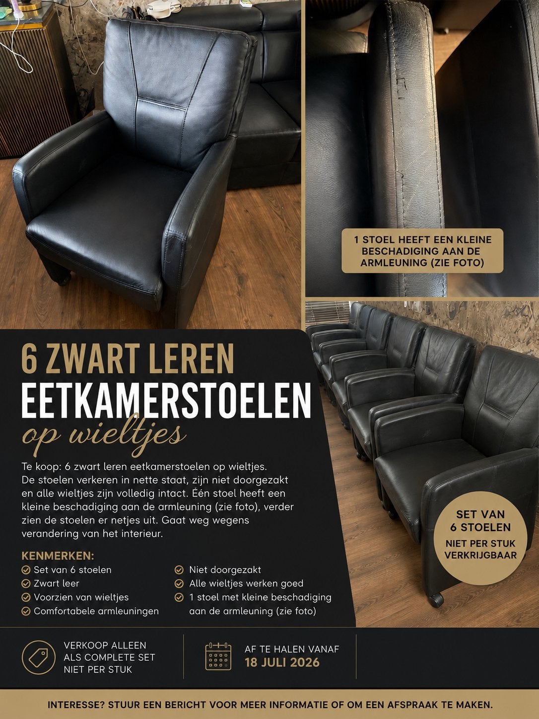 6 eetkamerstoelen op wieltjes, Huis en Inrichting, Stoelen, Ophalen, Overige materialen, Overige kleuren, Zo goed als nieuw