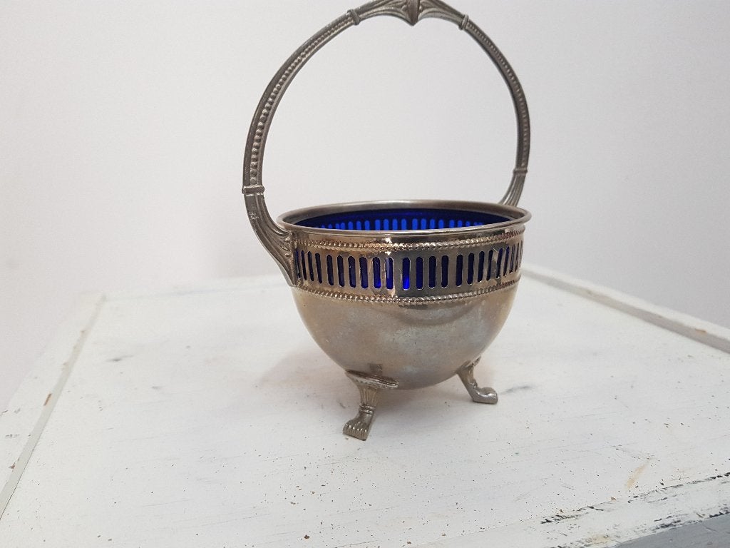 oud verzilverde suikerpot met blauw glas, Ophalen of Verzenden