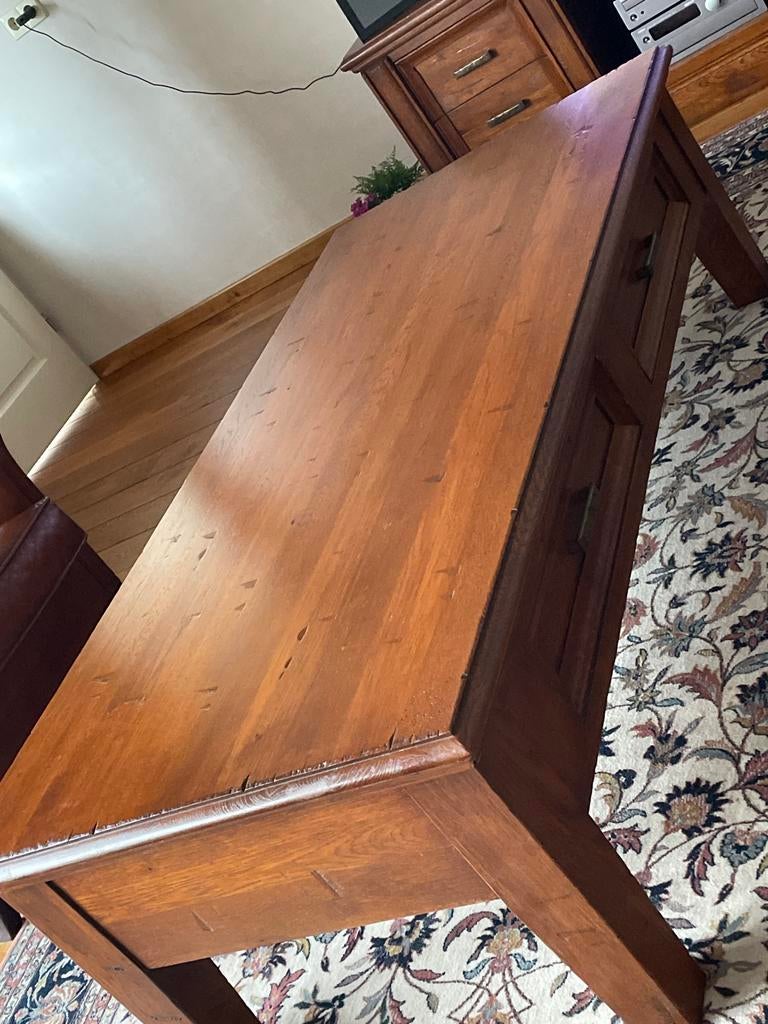 Massief Eiken Salontafel met 2 Laden - 150x70x45 cm, Ophalen, 100 tot 150 cm, Eikenhout, 50 tot 100 cm