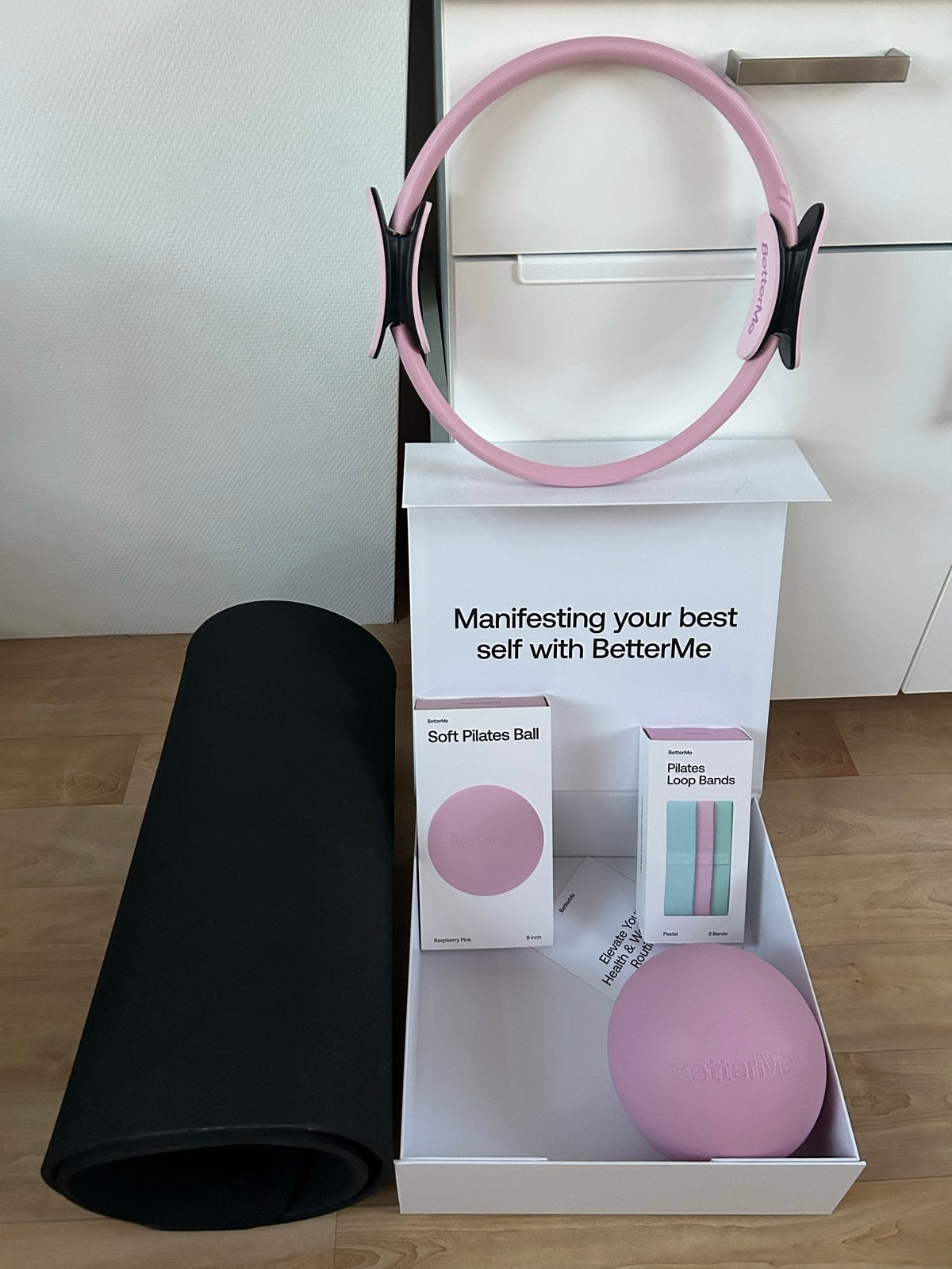 Pilates set: ring, bal, weerstandsbanden en mat, Ophalen, Zo goed als nieuw, Armen, Fitnessbal