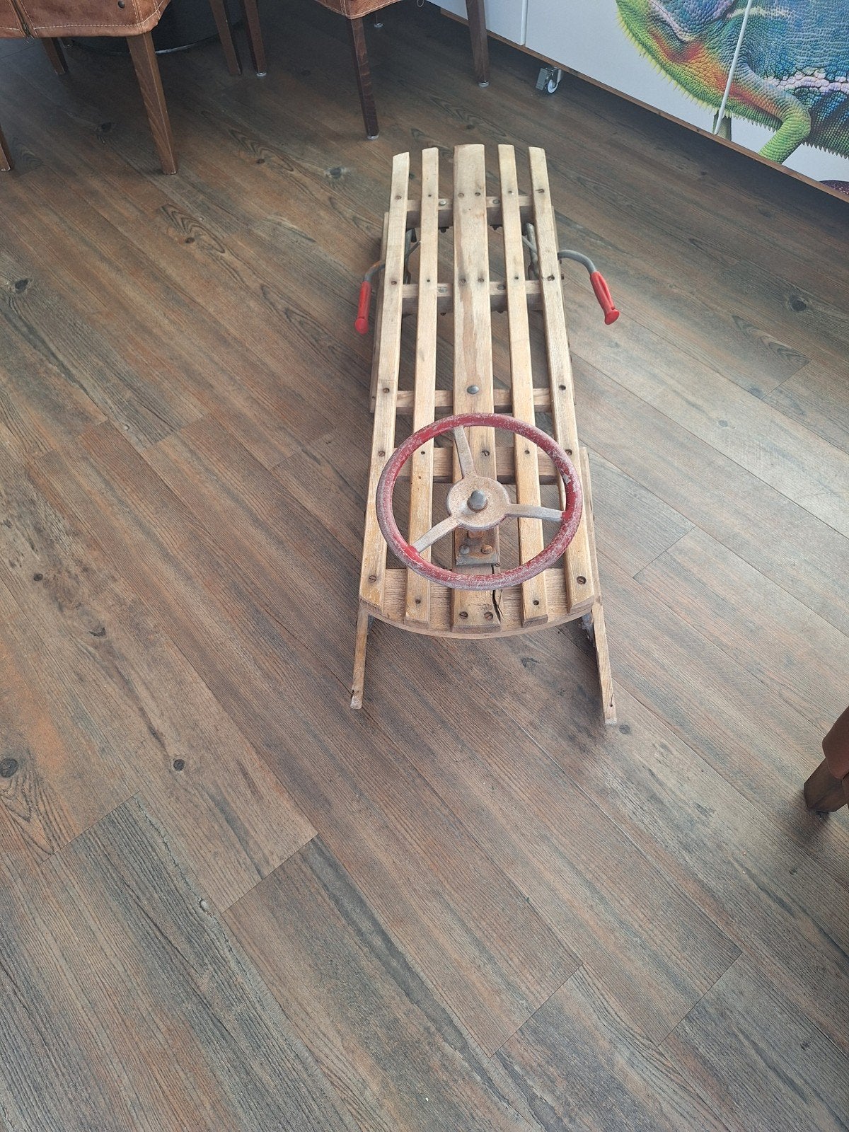 Antieke Houten Slee met Stuur en Remmen, Ophalen, Rem, Gebruikt, Hout