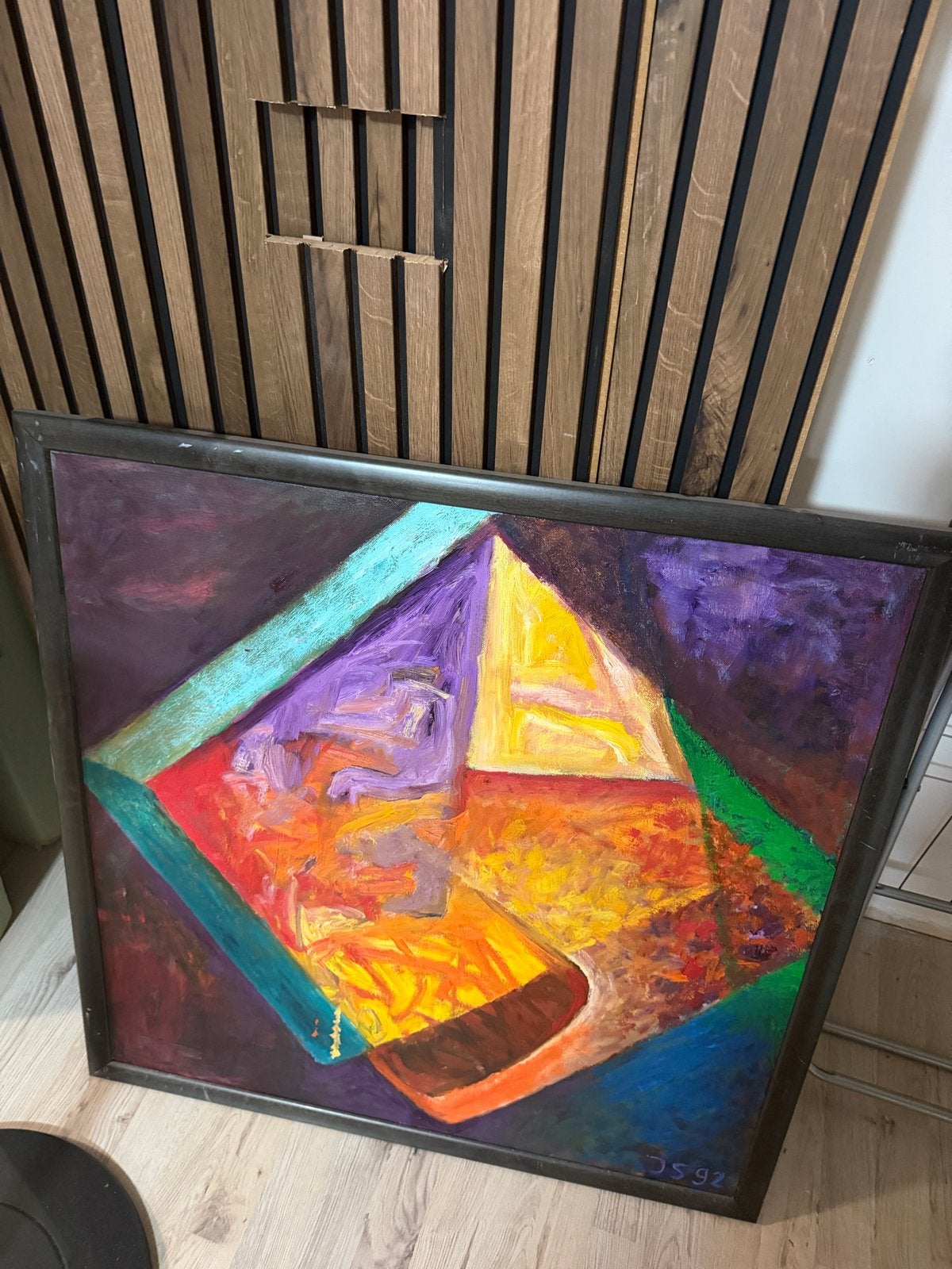 Abstract Schilderij - Levendige Kleuren - Gesigneerd 'JS 92', Antiek en Kunst, Ophalen of Verzenden
