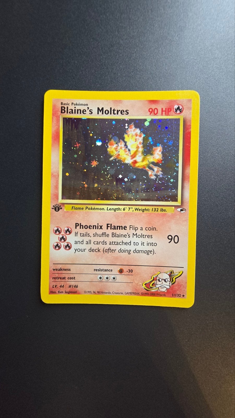 Oude First Edition Holo Pokémon kaart Blaine's Moltres 1/123, Ophalen of Verzenden