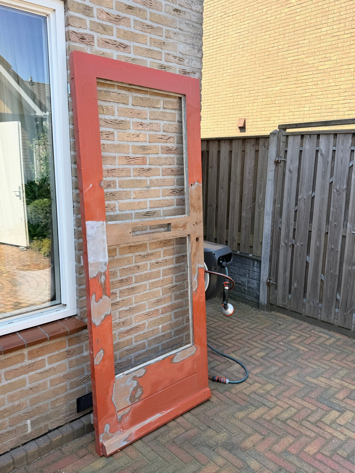 Hardhouten buitendeur zonder glas - opknapper, Ophalen, Gebruikt, 80 tot 100 cm, Buitendeur