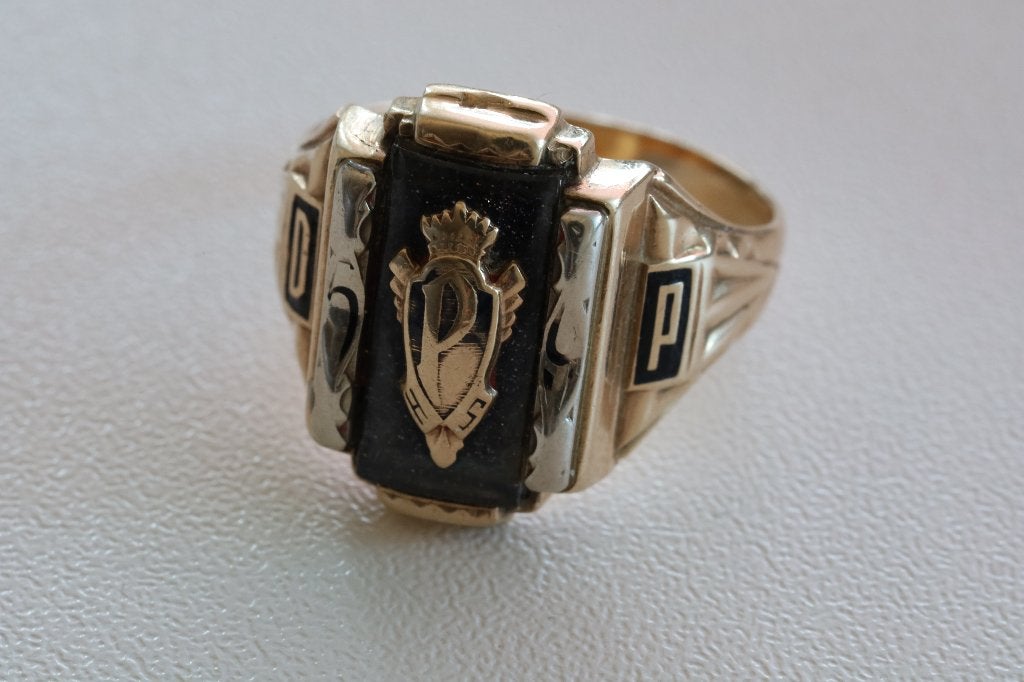 Vintage Jostens High School Ring  10 Karaat Goud Zwarte Onyx, Ophalen, Gebruikt, 20 of groter, Heer
