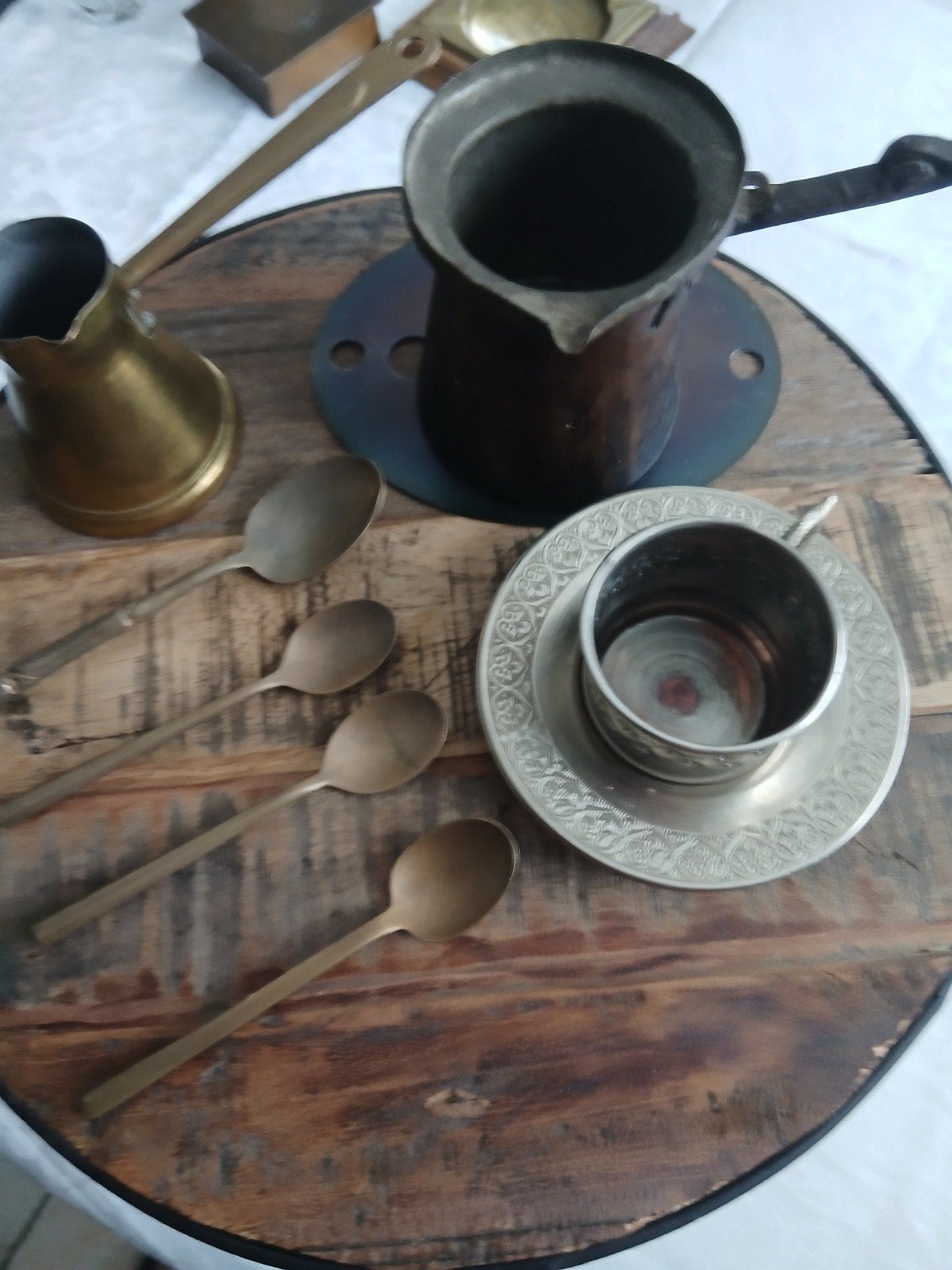 Antieke Turkse koffieset met cezve en lepels, Antiek en Kunst, Ophalen of Verzenden