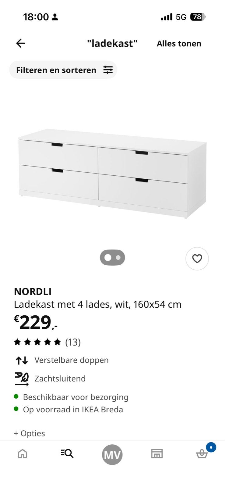 NORDLI Ladekast wit met 4 lades, 160x54 cm, Huis en Inrichting, Ophalen, Overige materialen, 150 tot 200 cm, Zo goed als nieuw