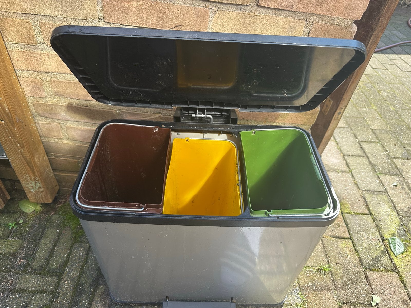 Prullenbak met 3 vakken - ideaal voor afvalscheiding, Ophalen, Gebruikt, Met pedaal, Metaal