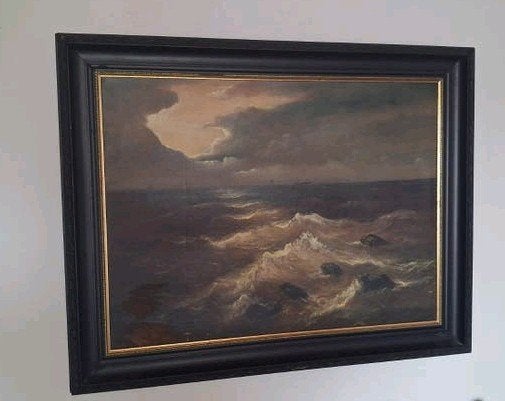 Olieverfschilderij op doek: woeste zee met schepen, Ophalen of Verzenden