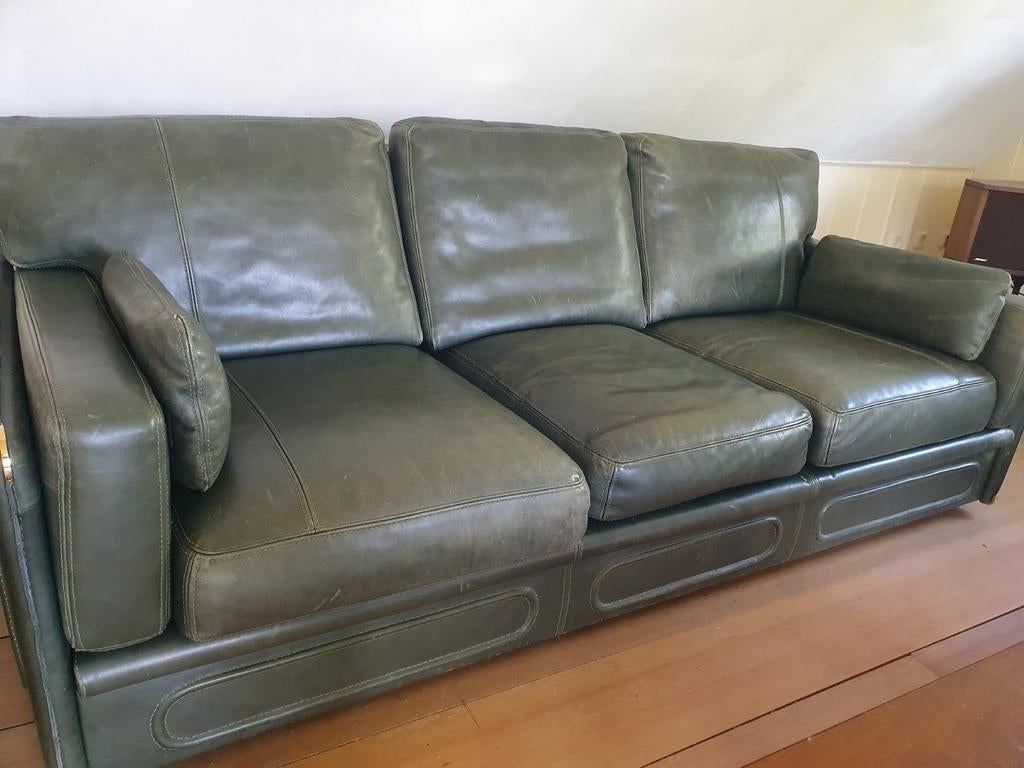 Lederen Bankstel: 3-zits, 2-zits en Fauteuil - Groen, Ophalen, Gebruikt, Klassiek, Robuust, Driepersoons