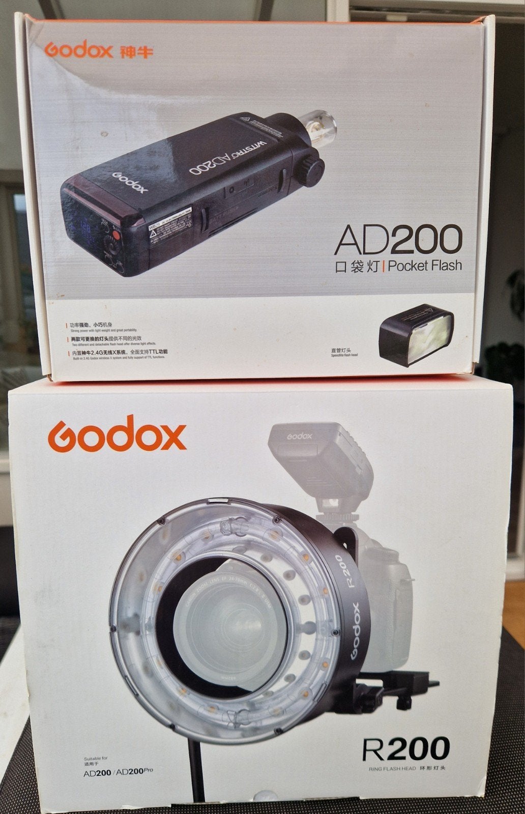 Godox AD200 +Ringflitser R200 +Refl RFT-25S+hoes, Ophalen, Zo goed als nieuw, Overige merken