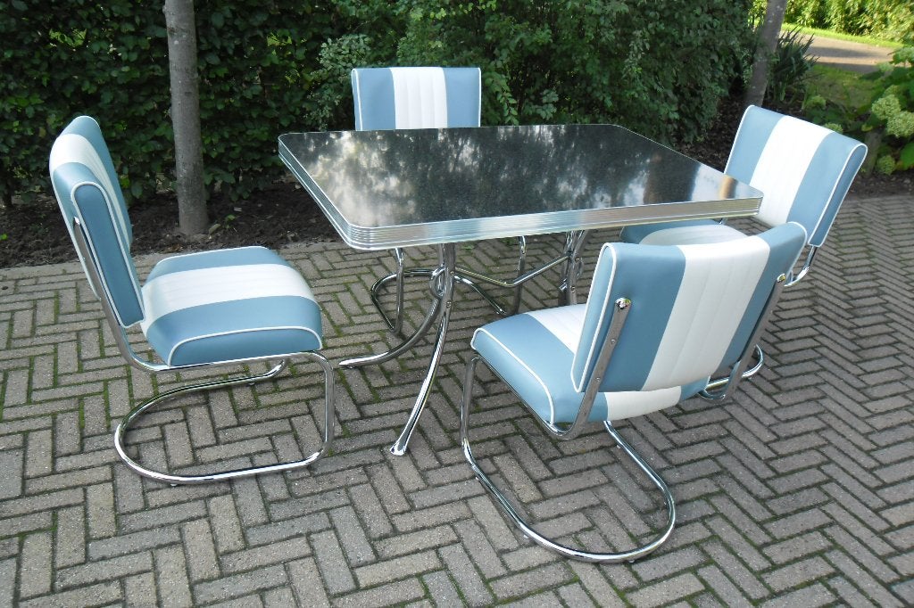 Bel Air 4 slede stoelen + diner tafel TO-36 fifties sixties, Ophalen, Blauw, Zo goed als nieuw, Vier