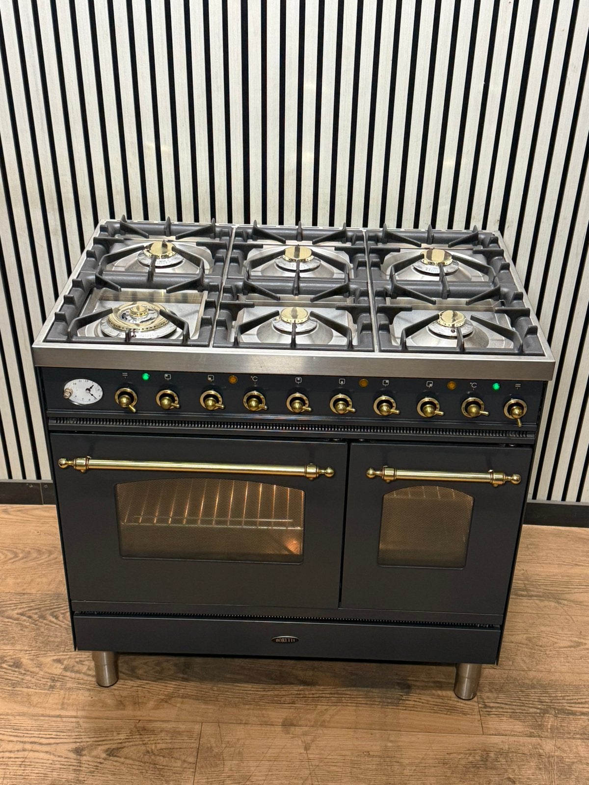 Luxe Boretti Fornuis 6 pits antraciet/messing 2 ovens 90 cm, Fornello Esperta, Ophalen of Verzenden, Zo goed als nieuw, Energieklasse A of zuiniger