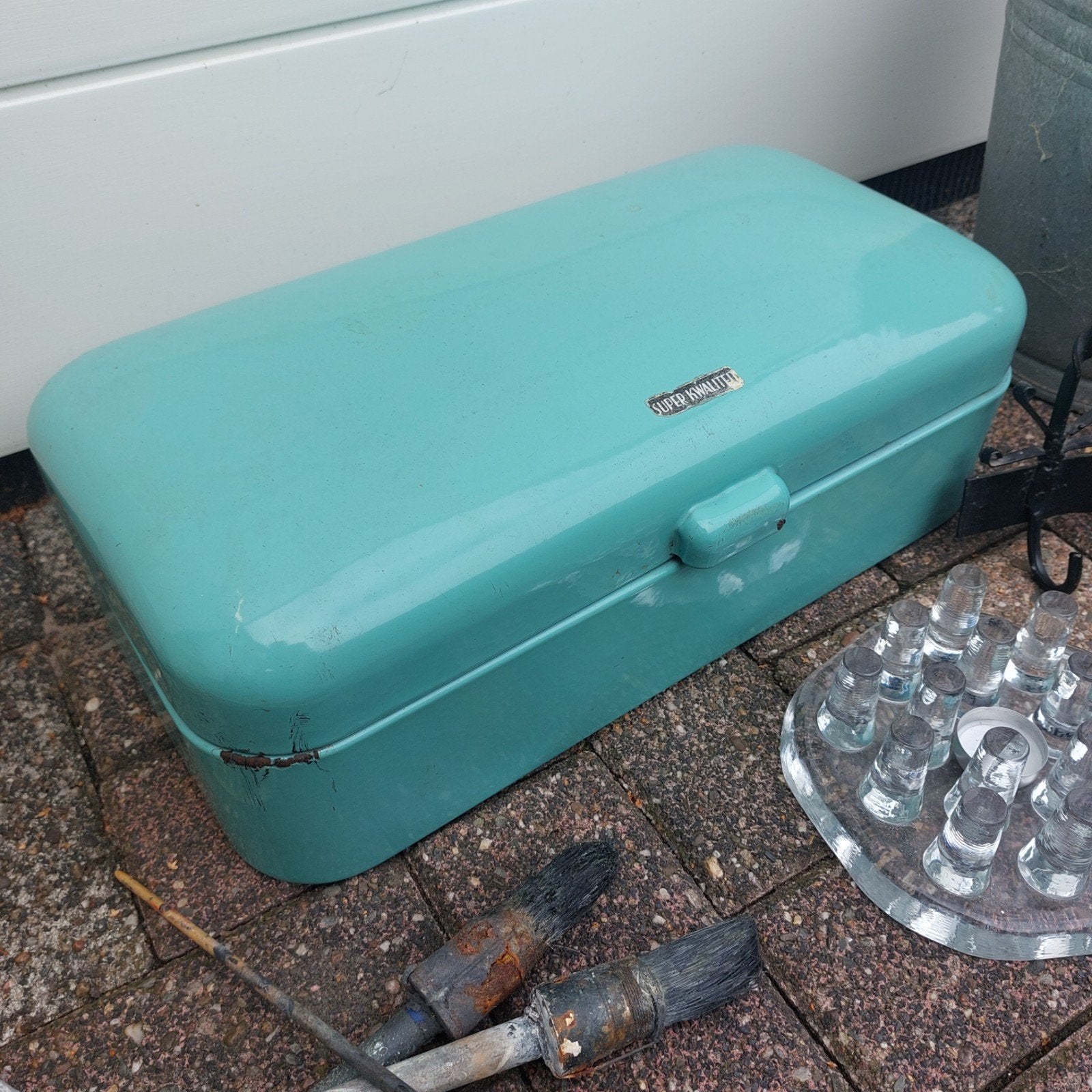 Vintage emaille broodtrommel - mintgroen, Antiek en Kunst, Ophalen