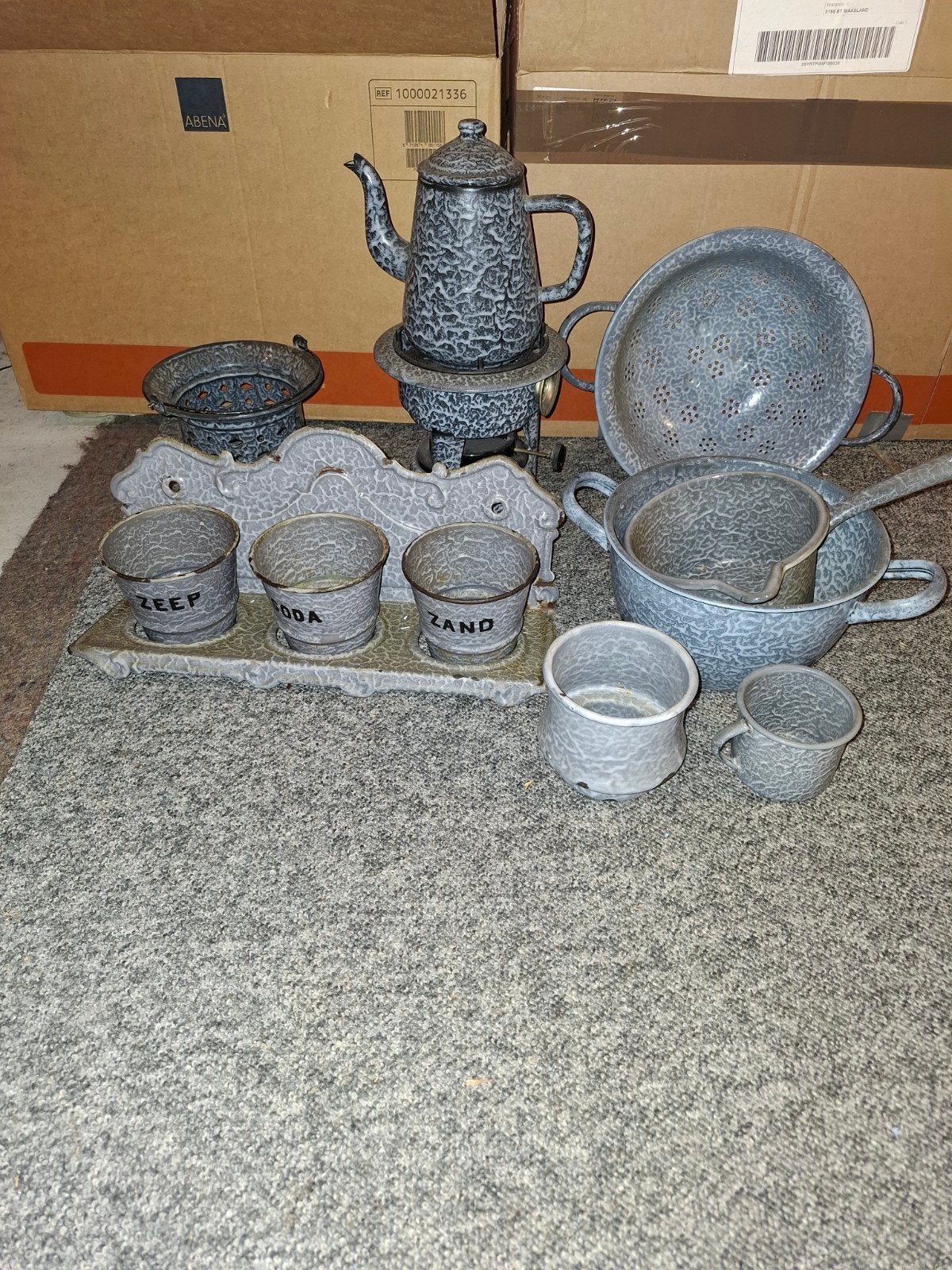 Vintage geëmailleerd keukengerei set - grijs gespikkeld, Antiek en Kunst, Ophalen of Verzenden