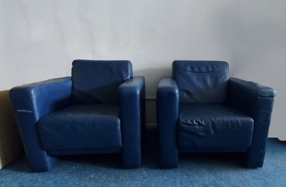 1 blauwe echt lederen fauteuil, Ophalen, Gebruikt, Blauw, Leer