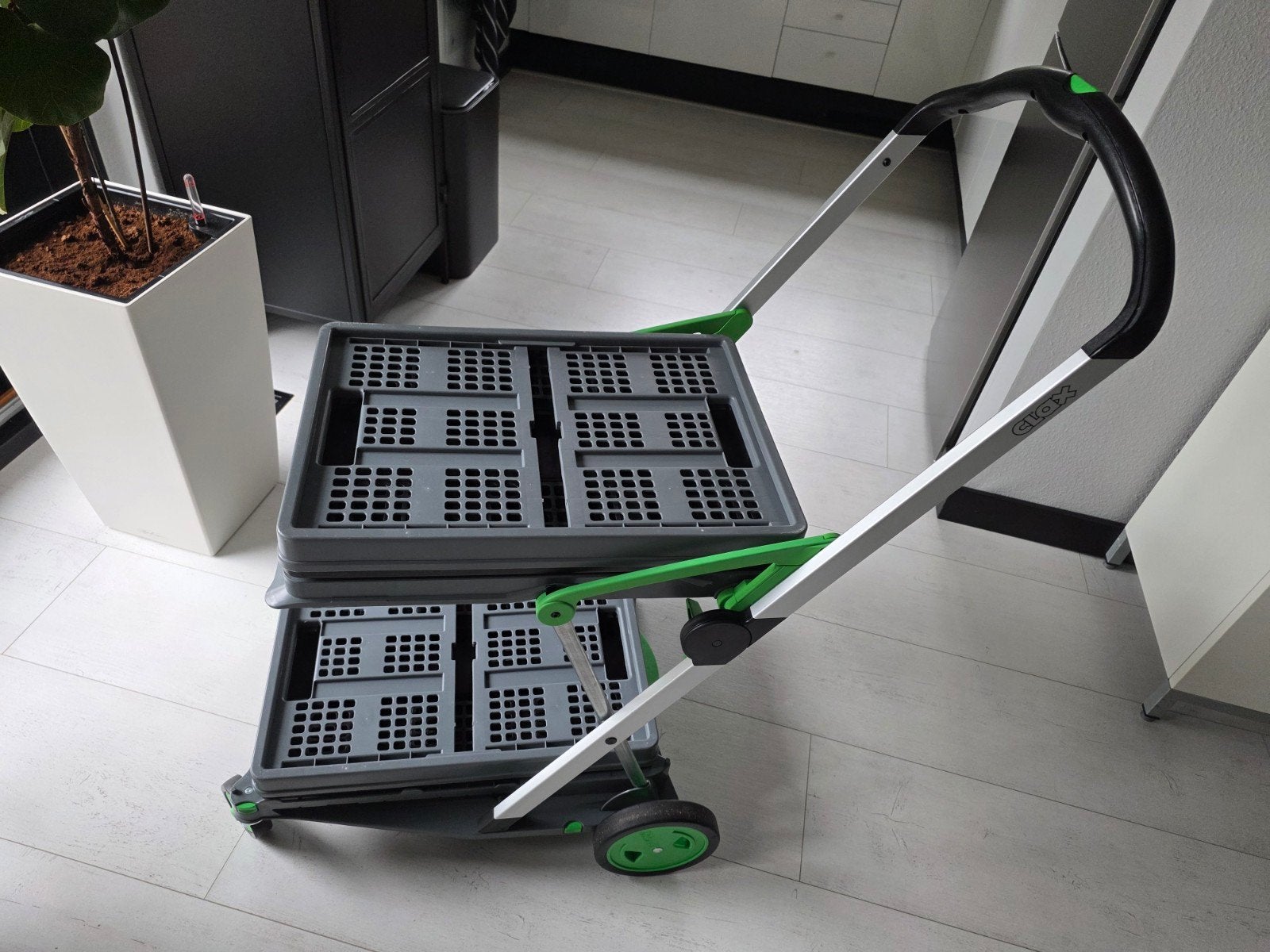 Clox opvouwbare trolley met 2 kratten grijs met groen, Ophalen, 40 tot 60 cm, Opvouwbaar, Minder dan 50 cm