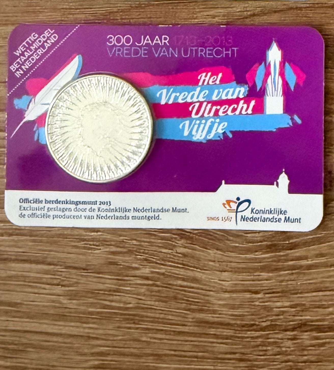 Vrede van Utrecht vijfje - zwaar verzilverde herdenkingsmunt, Postzegels en Munten, Munten | Nederland, Ophalen of Verzenden, Koningin Beatrix