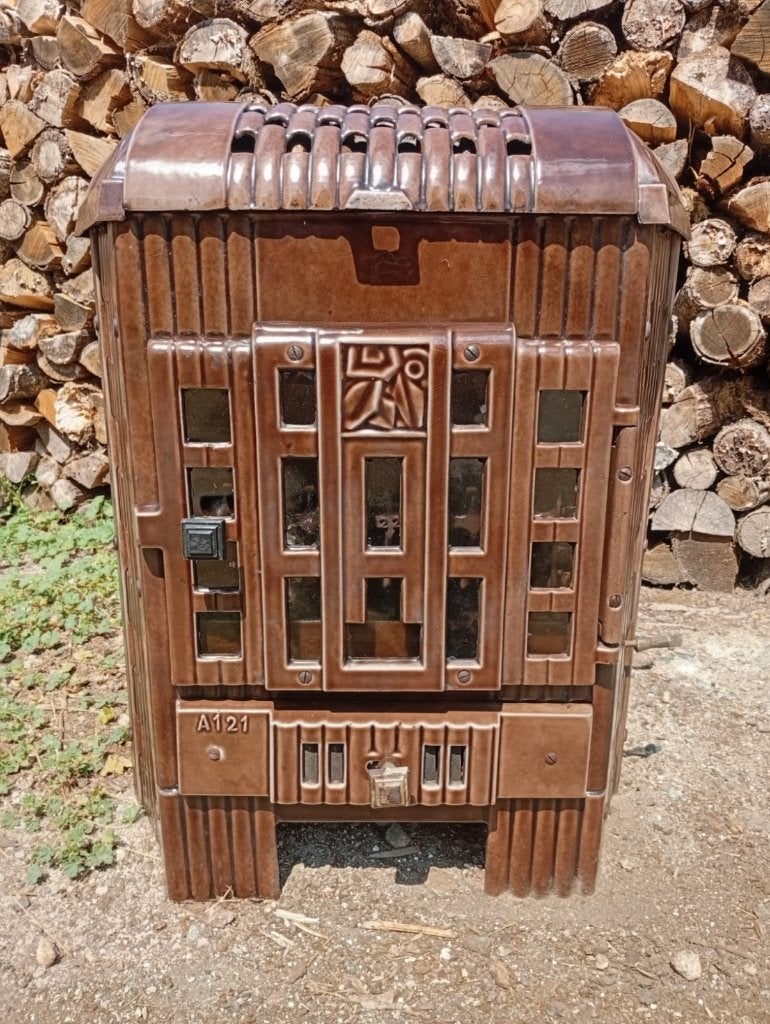 Zeer mooie unieke emaille gietijzeren art-deco houtkachel, Ophalen, Gebruikt, Houtkachel, Vrijstaand