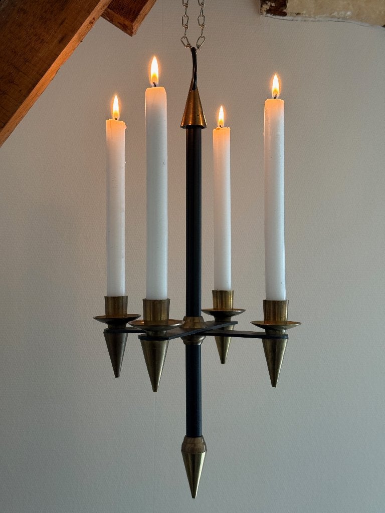 Metalen hangkandelaar kroonluchter messing en smeedijzer, Huis en Inrichting, Gebruikt, Ophalen of Verzenden, Metaal, Kandelaar