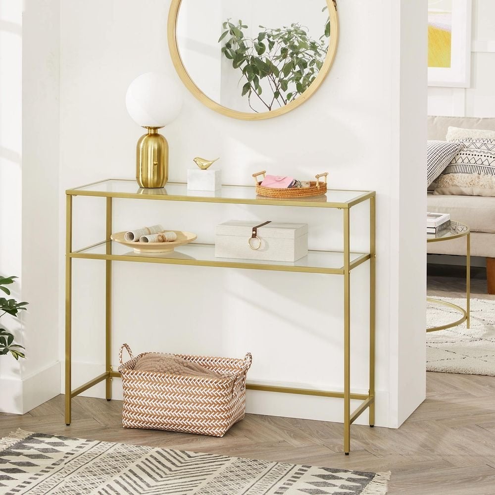 Luxe Gouden Consoletafel met Gehard Glas - Sidetable - NIEUW, Ophalen, 100 tot 150 cm, Nieuw, Glas