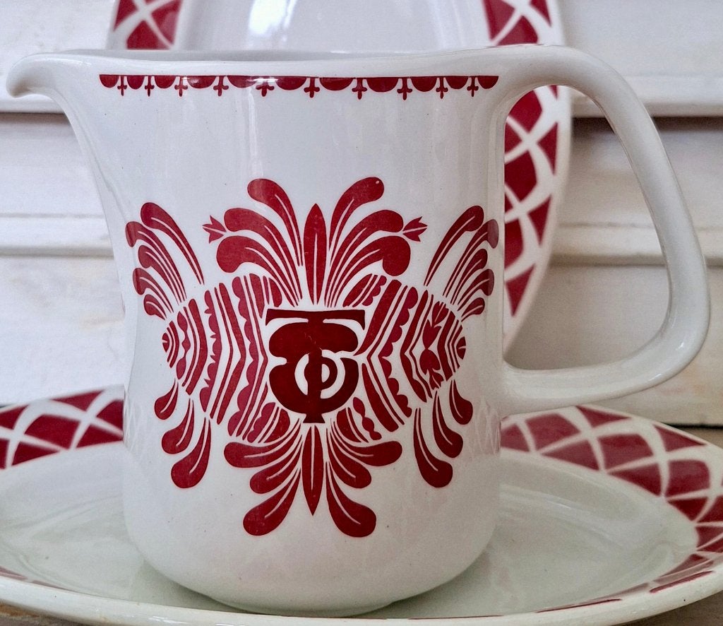 Sarreguemines, vintage Kan, rode decoratie, Antiek en Kunst, Antiek | Servies los, Ophalen of Verzenden