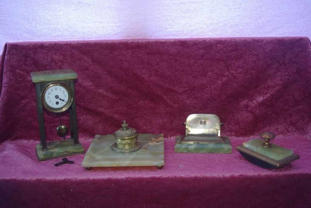 Antieke Onyx / marmer en Messing Bureau klok met Inktstel, Overige typen, Overige onderwerpen, Ophalen of Verzenden, Handgemaakt